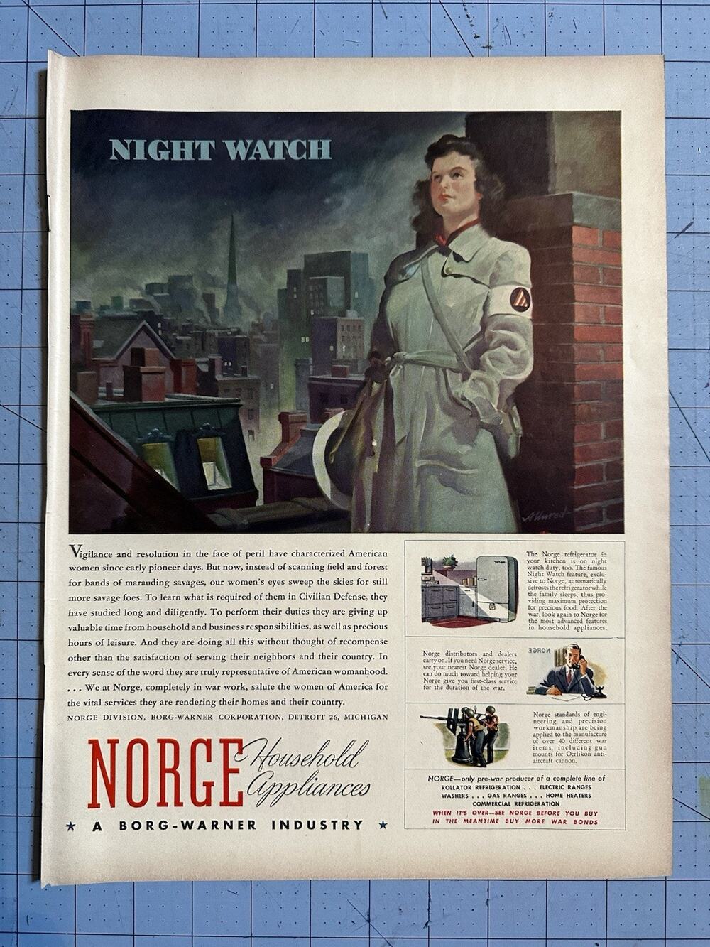1942 Ad Night Watch Woman Civilian Defense Air Observer Norge Appliances